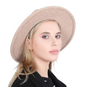 Lanzom Women Lady Felt Fedora Hat Wide Brim Wool Panama Hats with Band Fit Size 6 8/7-7 1/4(E-Beige)