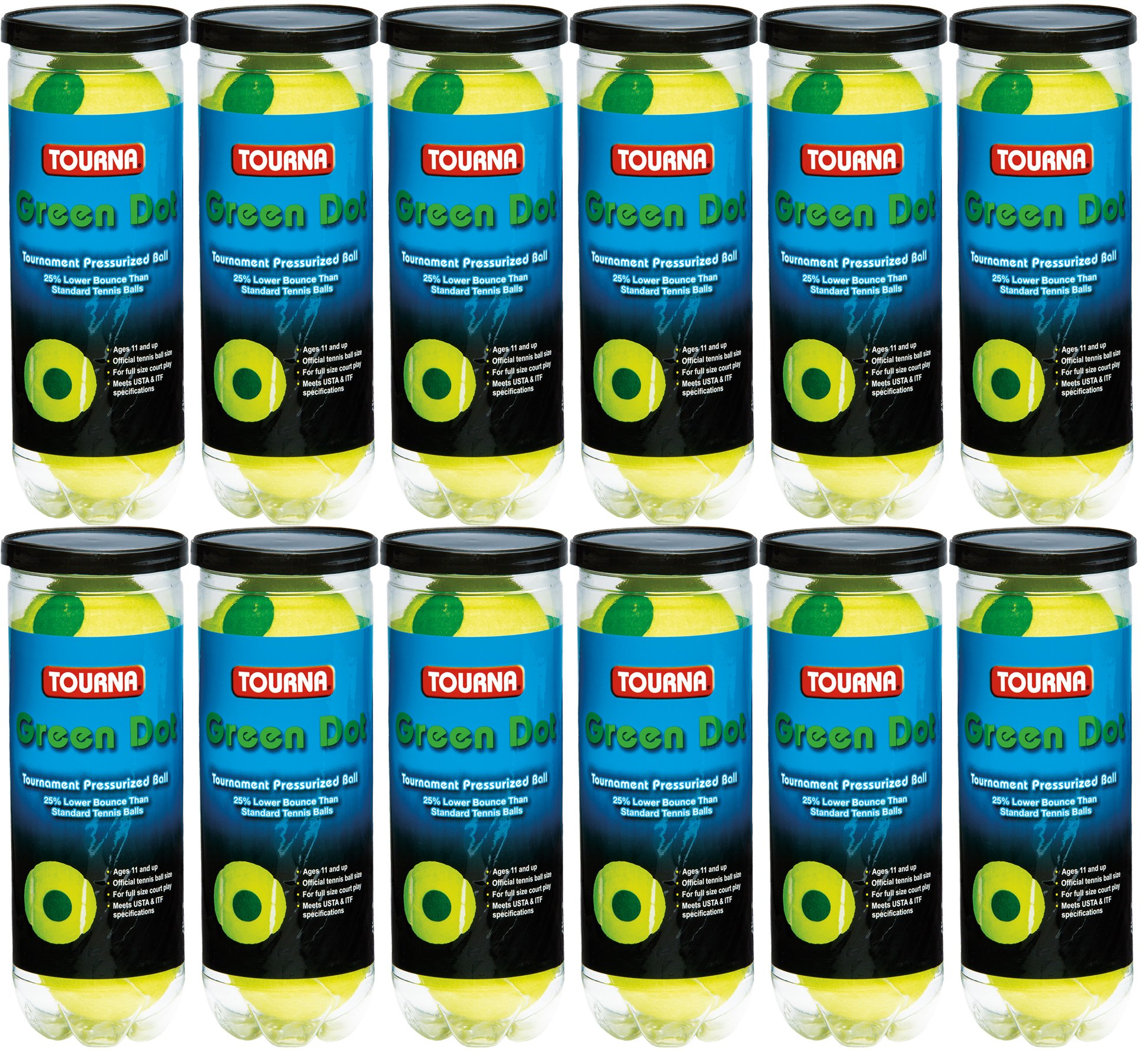 TOURNA 12 Pack Pressurized Green Dot Tennis Balls in a Pressurized Can, USTA Approved