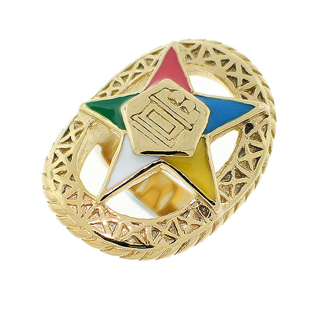 Order of the Eastern Star Ring - Gold Color Webbed Steel Band with OES Symbol. Masonic Rings / OES Jewelry (Size 7)