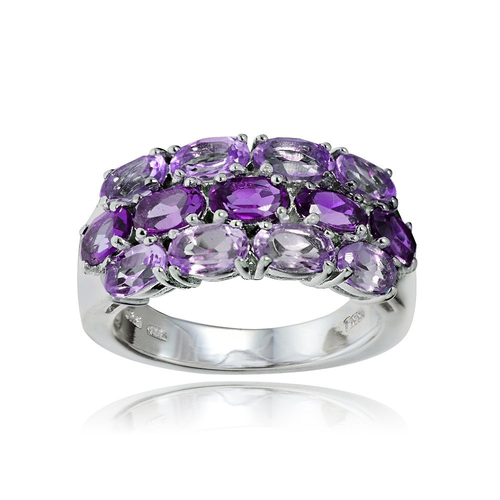 Ice Gems Sterling Silver Genuine African Amethyst and Amethyst 3-Row Ring