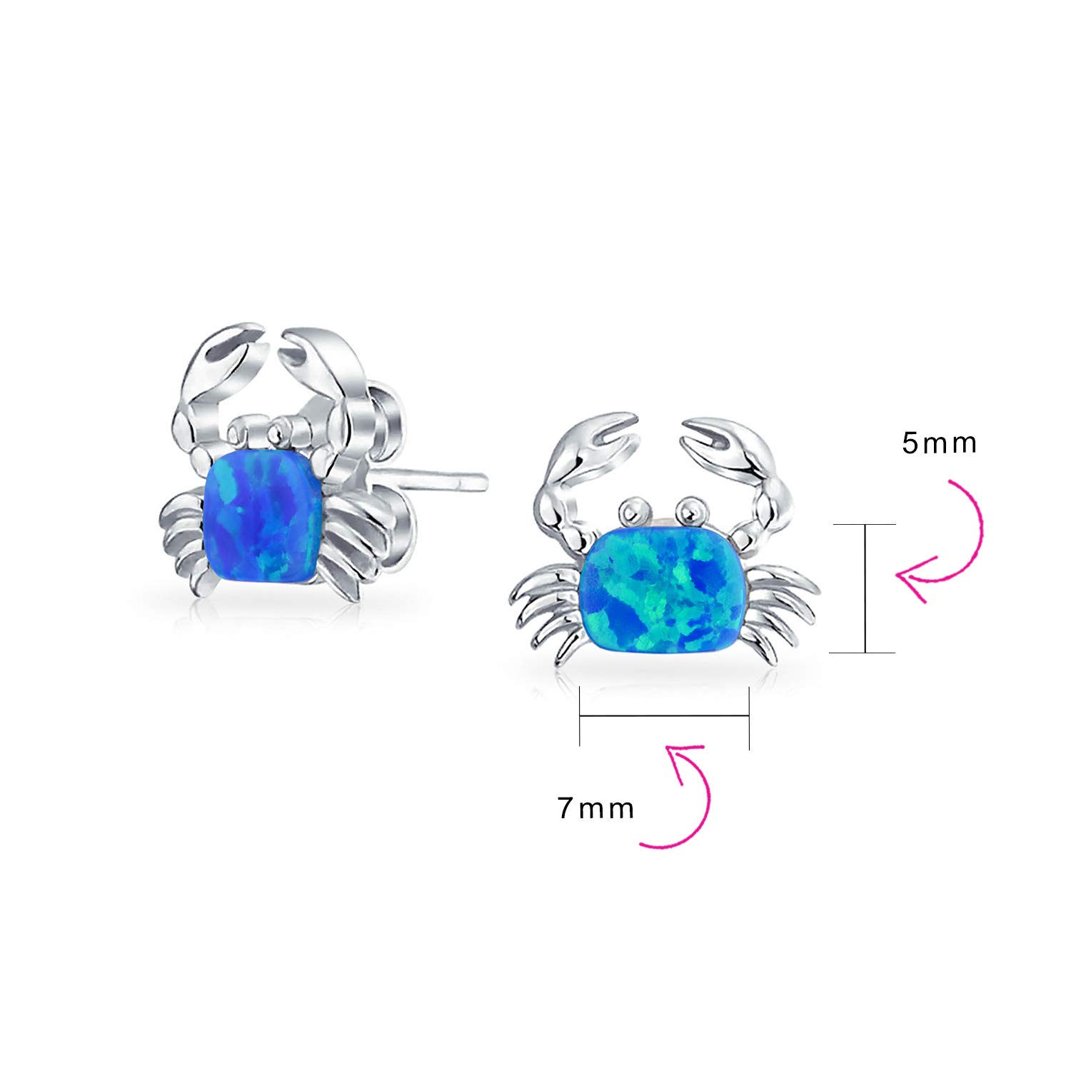 Small Gemstone Blue Tropical Vacation Nautical Created Opal Beach Sand Crab Stud Earrings For Women .925 Sterling Silver October Birthstone