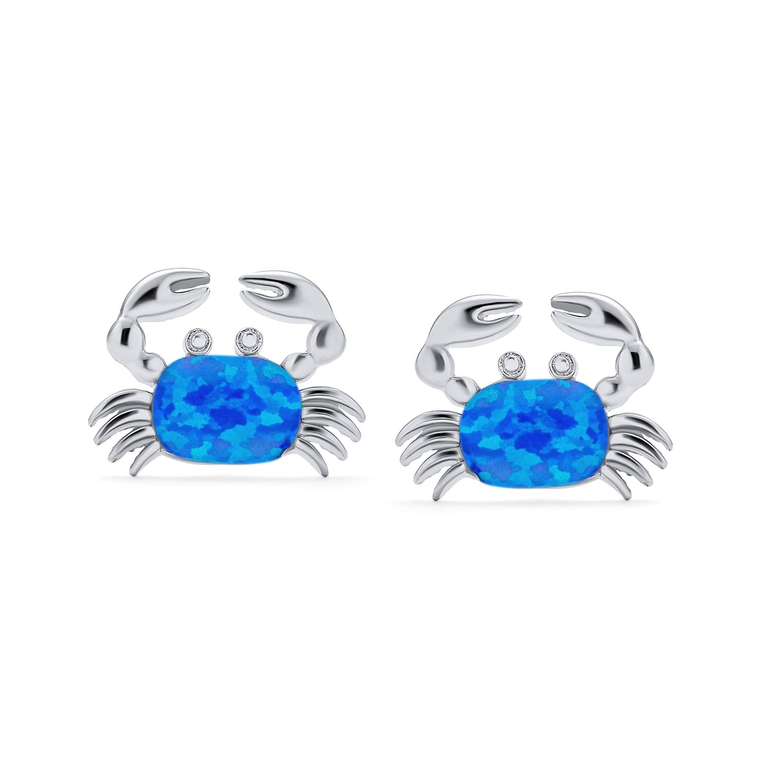 Small Gemstone Blue Tropical Vacation Nautical Created Opal Beach Sand Crab Stud Earrings For Women .925 Sterling Silver October Birthstone