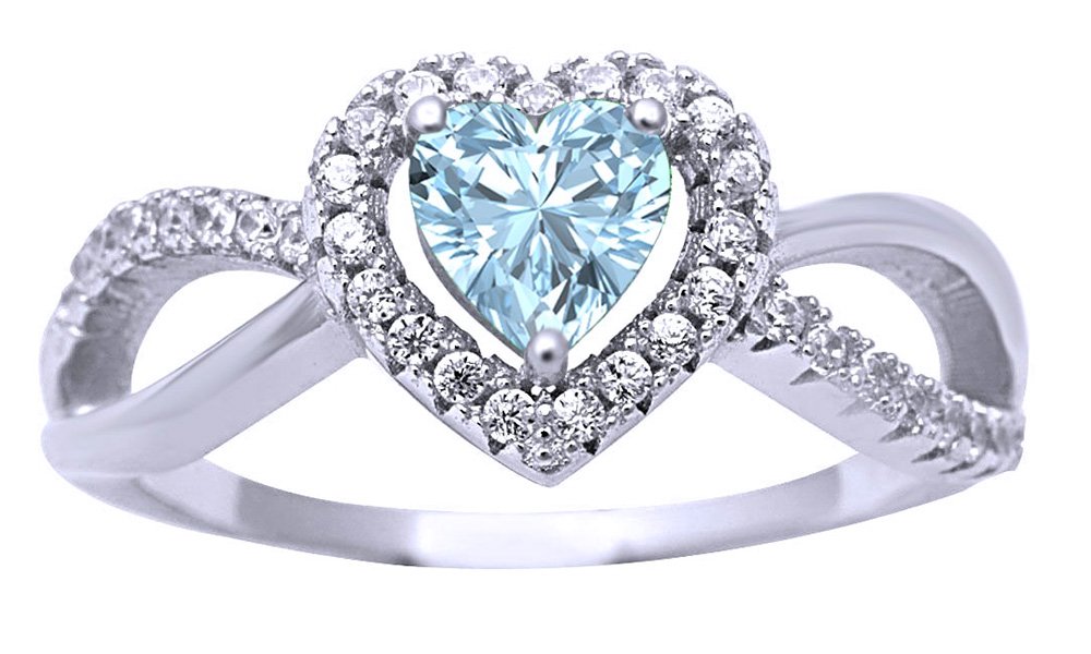 Jewel Zone US Simulated Aquamarine & White Cubic Zirconia Infinity Heart Twisted Ring in 14k White Gold Over Sterling Silver