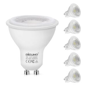 dicuno gu10 led bulbs 5w daylight white, 6000k, 500lm, 45 degree beam angle, spotlight, 50w halogen bulbs equivalent, non-dimmable mr16 led light bulbs, 6-pack