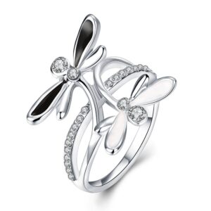 18K Rose Gold Platinum Plated Ring Black AAA Zirconia Women Dragonfly B164 (Platinum Plated, 7)