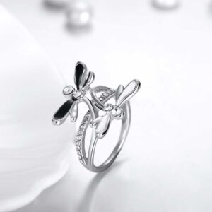 18K Rose Gold Platinum Plated Ring Black AAA Zirconia Women Dragonfly B164 (Platinum Plated, 7)