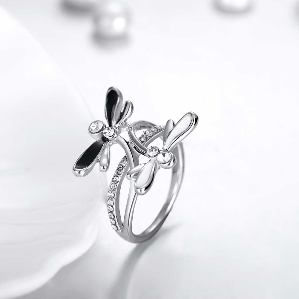 18K Rose Gold Platinum Plated Ring Black AAA Zirconia Women Dragonfly B164 (Platinum Plated, 7)