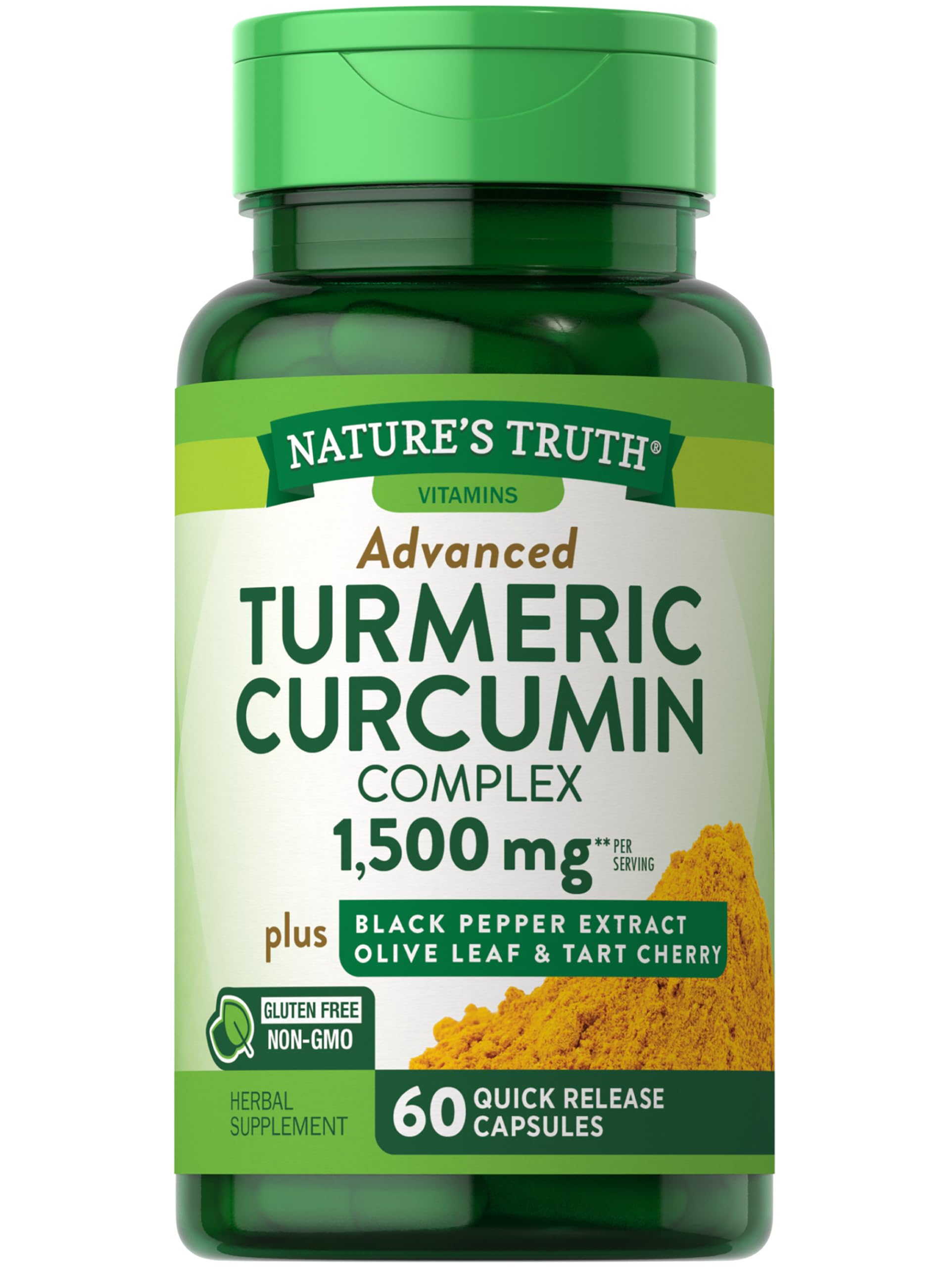 Nature's Truth Turmeric Curcumin 1500 mg | 60 Capsules | with Black Pepper Extract, Olive Leaf & Tart Cherry | Non-GMO, Gluten Free Supplement