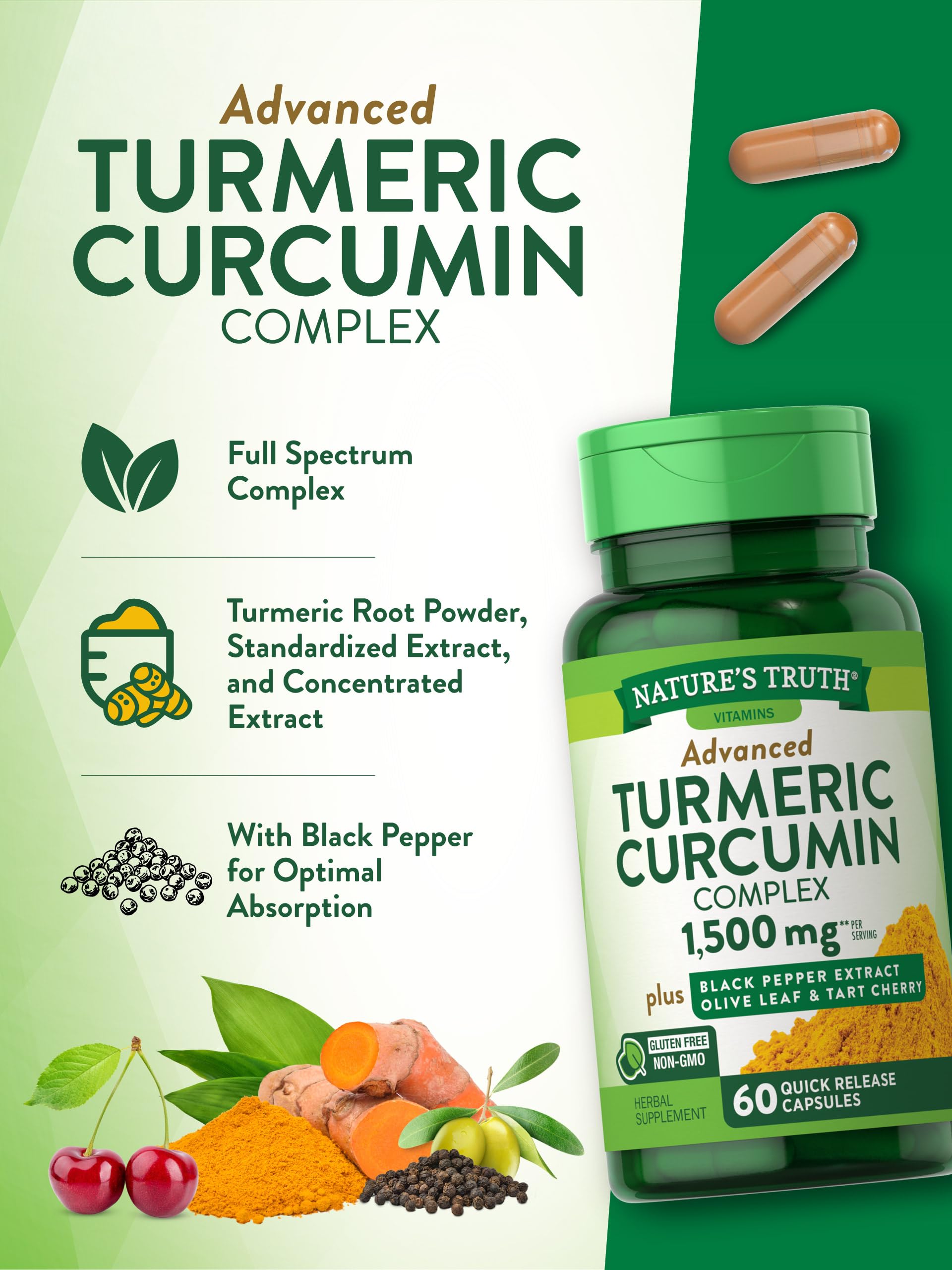 Nature's Truth Turmeric Curcumin 1500 mg | 60 Capsules | with Black Pepper Extract, Olive Leaf & Tart Cherry | Non-GMO, Gluten Free Supplement