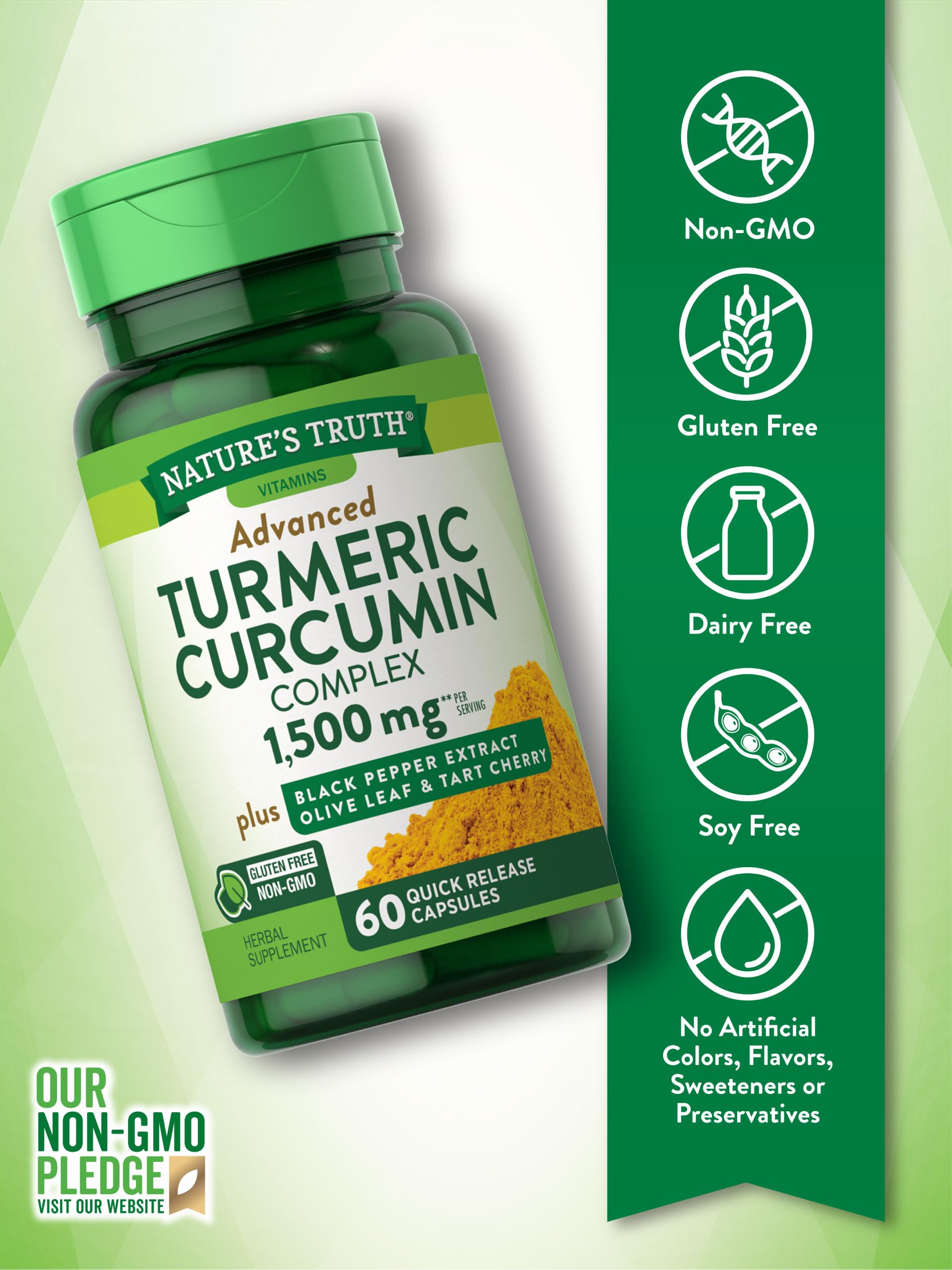 Nature's Truth Turmeric Curcumin 1500 mg | 60 Capsules | with Black Pepper Extract, Olive Leaf & Tart Cherry | Non-GMO, Gluten Free Supplement