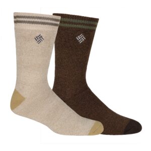 columbia men's 2 pack fleece lined thermal crew socks, khaki/coffeebrew brown, shoe size 6-12