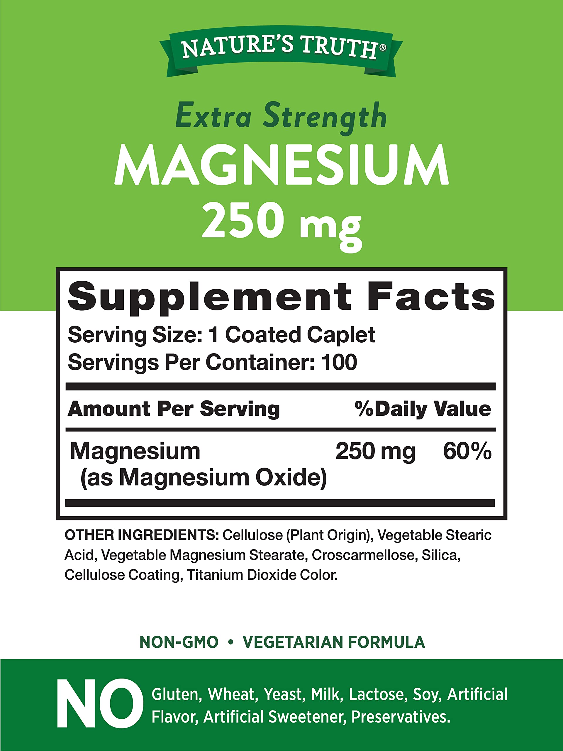 Magnesium Oxide | 250 mg | 100 Caplets | Vegetarian, Non-GMO & Gluten Free Supplement | by Nature's Truth