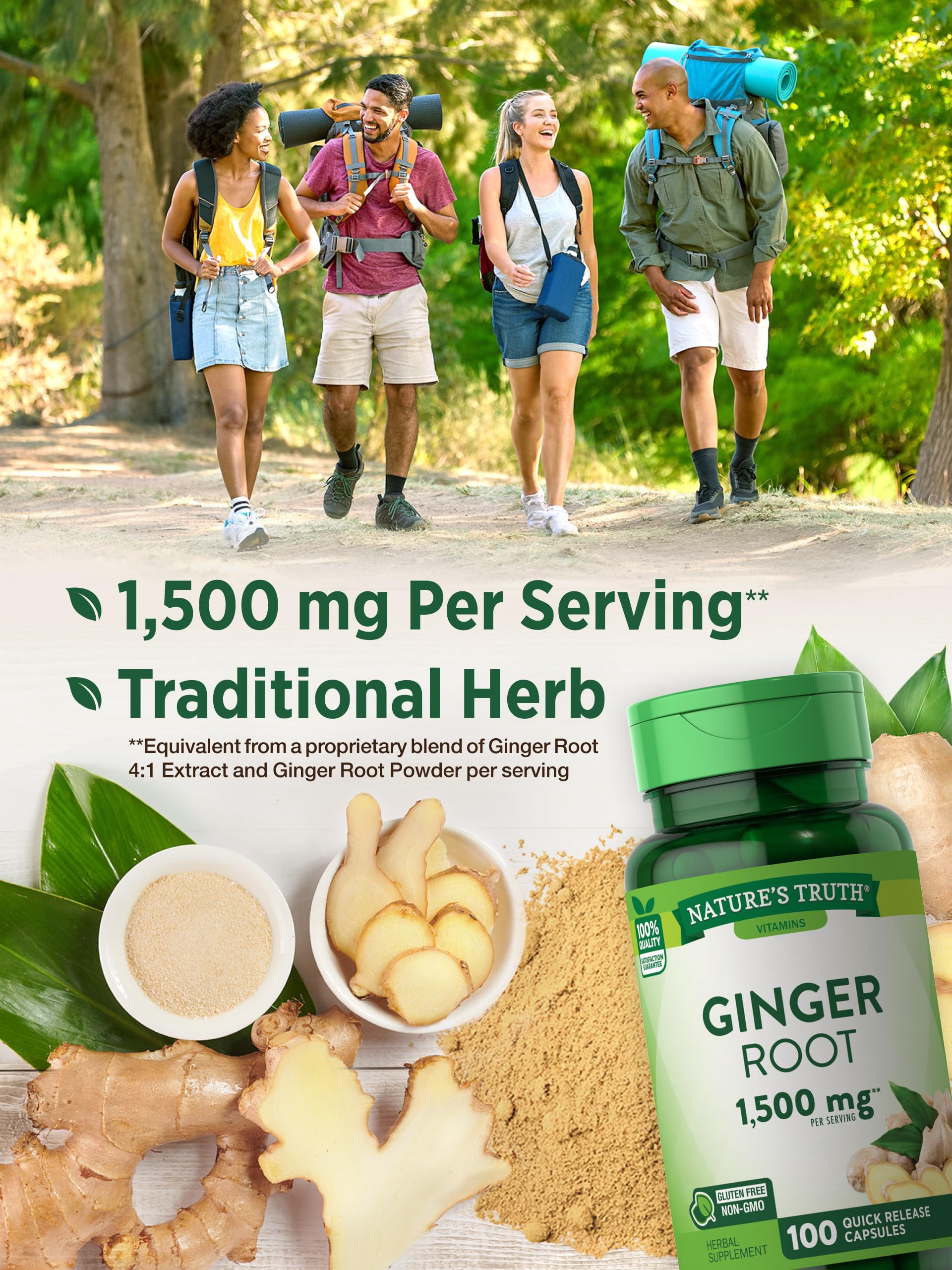 Nature's Truth Ginger Root Capsules | 1,500mg | 100 Count | Non-GMO and Gluten Free Supplement | from Ginger Root Extract