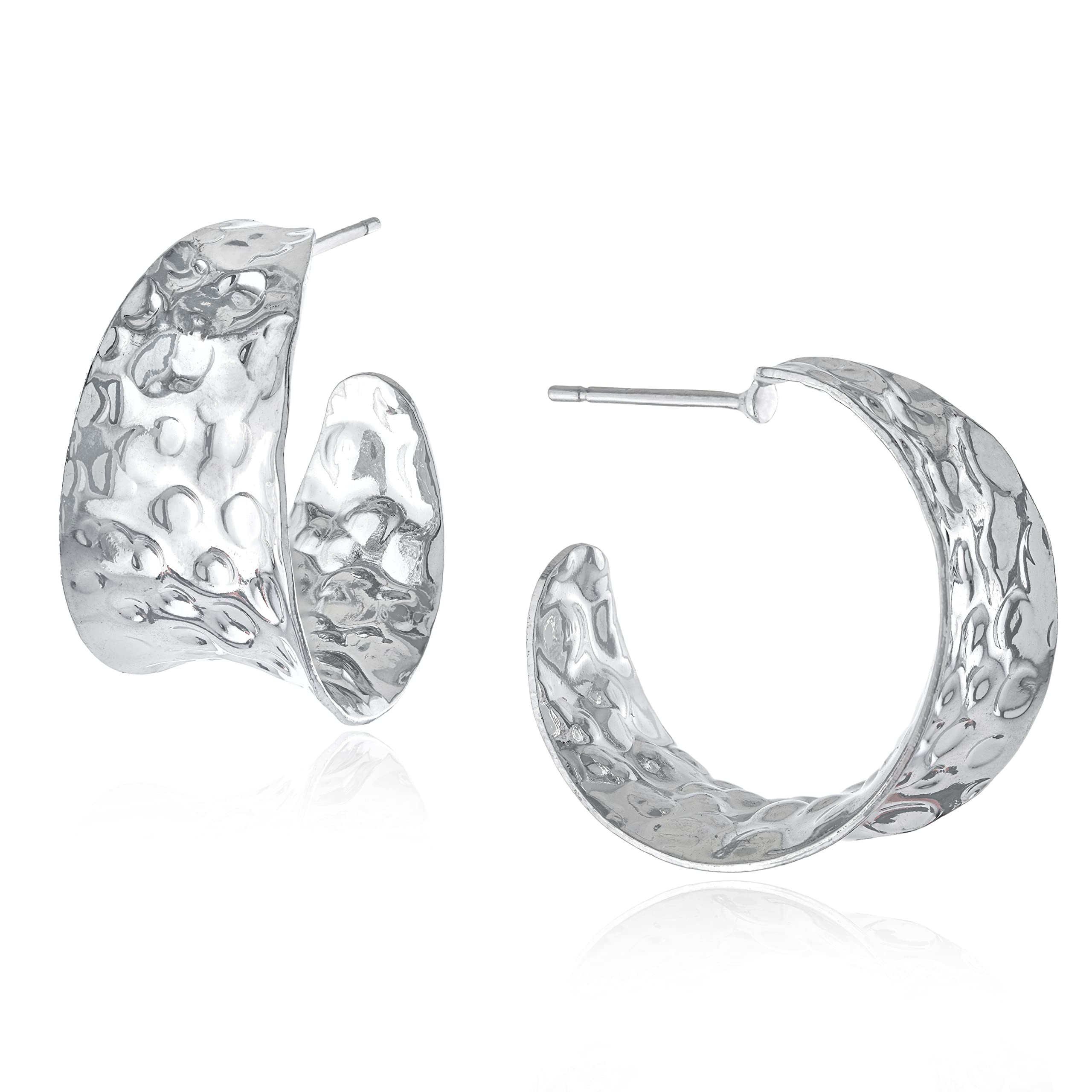 Amazon Essentials Fine Silver Plated 25mm X 13.7mm Medium Hammered Post Hoop Earrings (previously Amazon Collection)