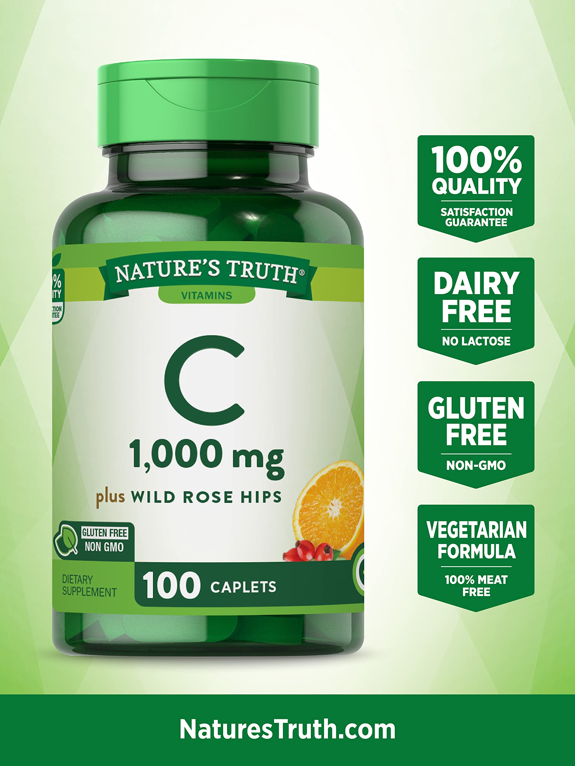 Vitamin C with Rose Hips 1000 mg | 110 Caplets Vegetarian, Non-GMO, Gluten Free | By Nature's Truth