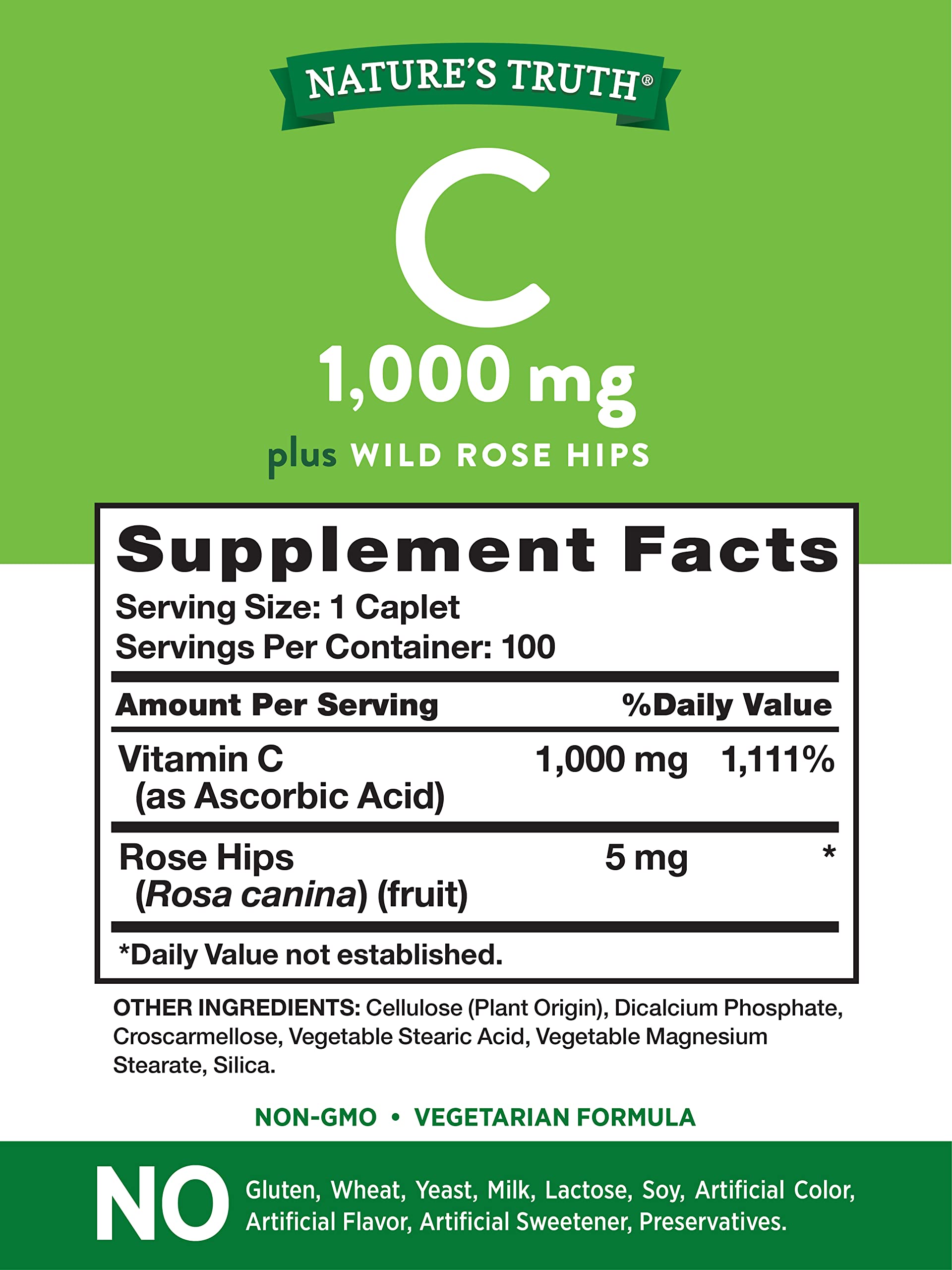 Vitamin C with Rose Hips 1000 mg | 110 Caplets Vegetarian, Non-GMO, Gluten Free | By Nature's Truth