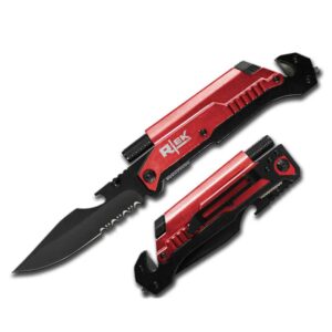 rtek 9" tactical spring assisted red survival 7 in 1 rescue pocket knife led light fire starter blade sharpener bottle opener glass breaker belt cutter (red)