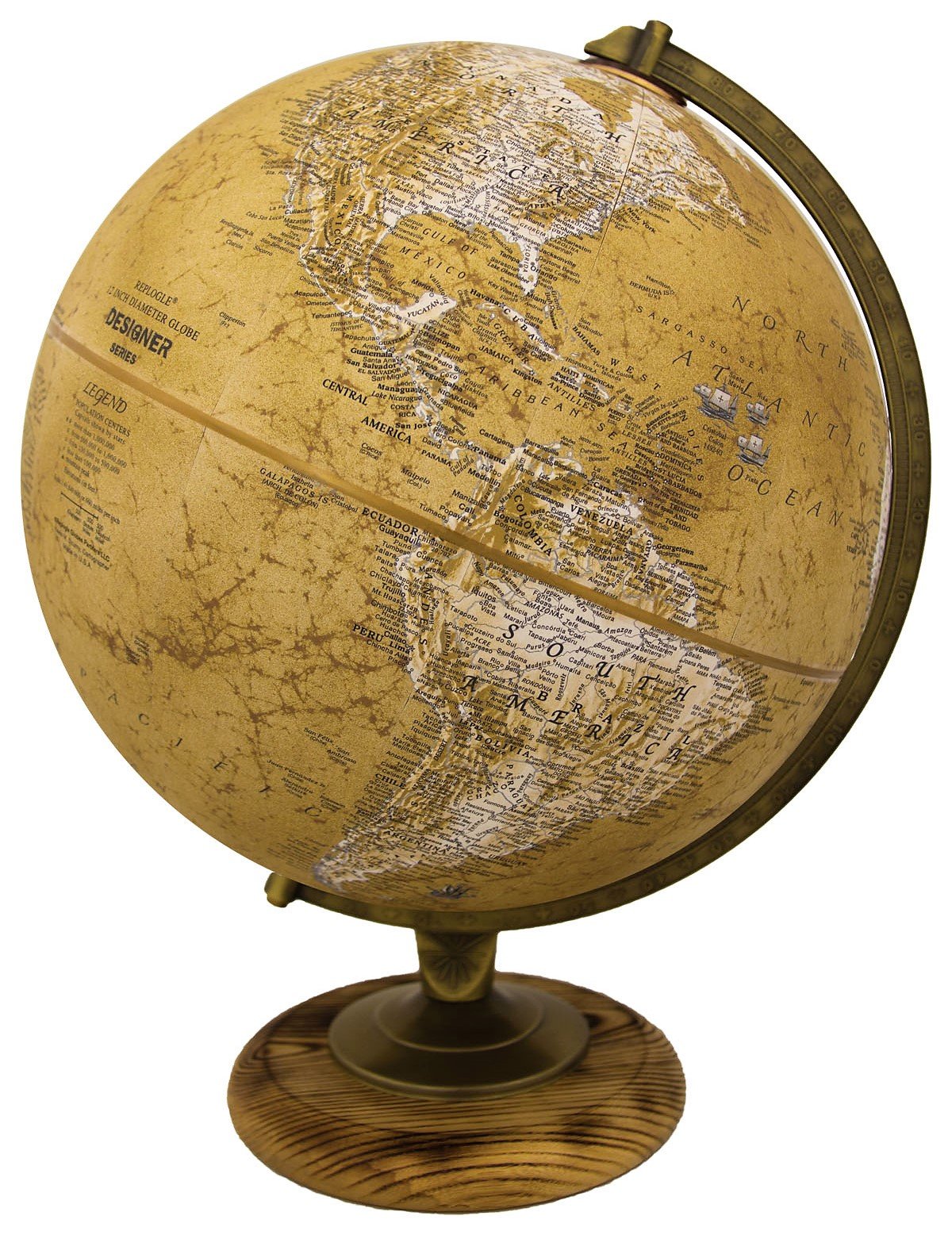 Replogle Morgan – Designer Series Globe, Old World Style Globe, Raised Relief, Charred Hardwood Base, Antique brass plated Semi-Meridian, Velvety texture ball (12"/30 cm diameter)