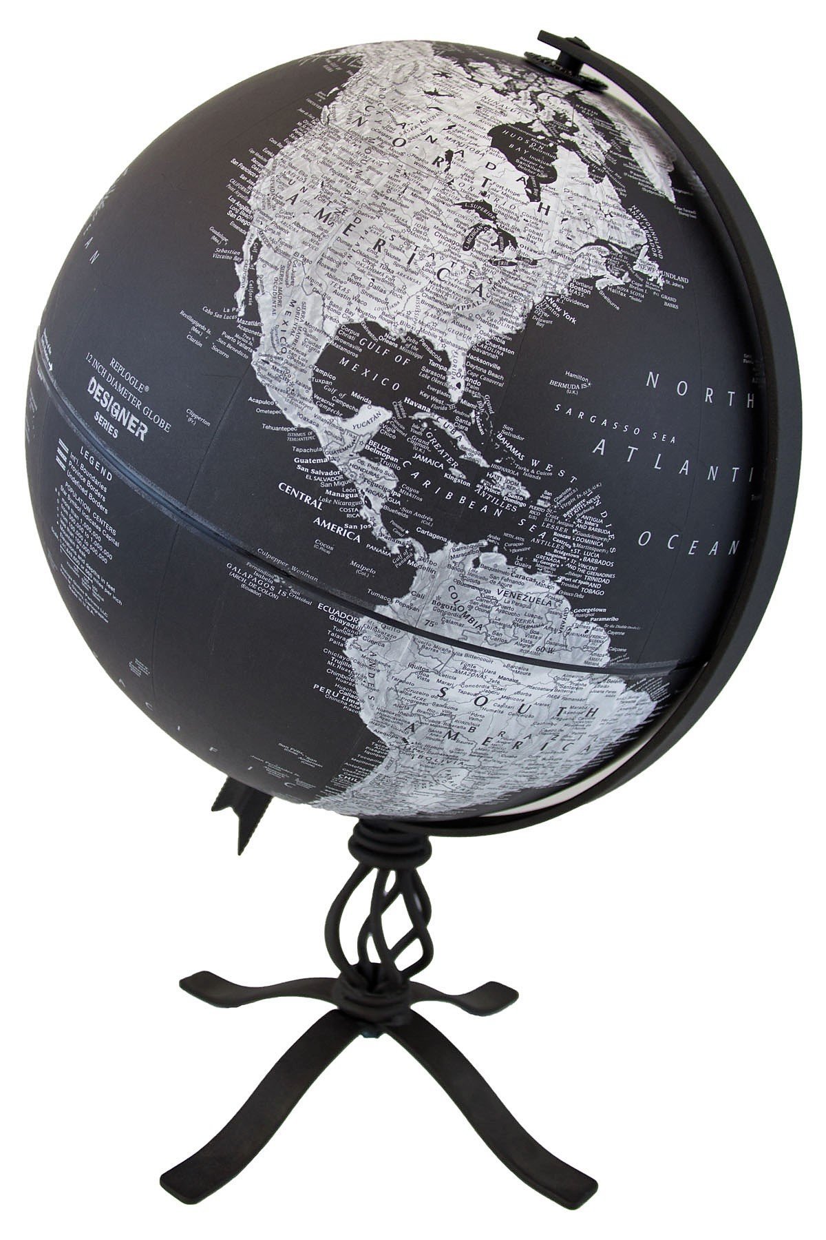 Replogle Hamilton – Replogle Designer Series Globe, Black Ocean World Globe, Rustic Black Steel Stand, Raised Relief, Designed for Modern Industrial Decor (12"/30 cm diameter)