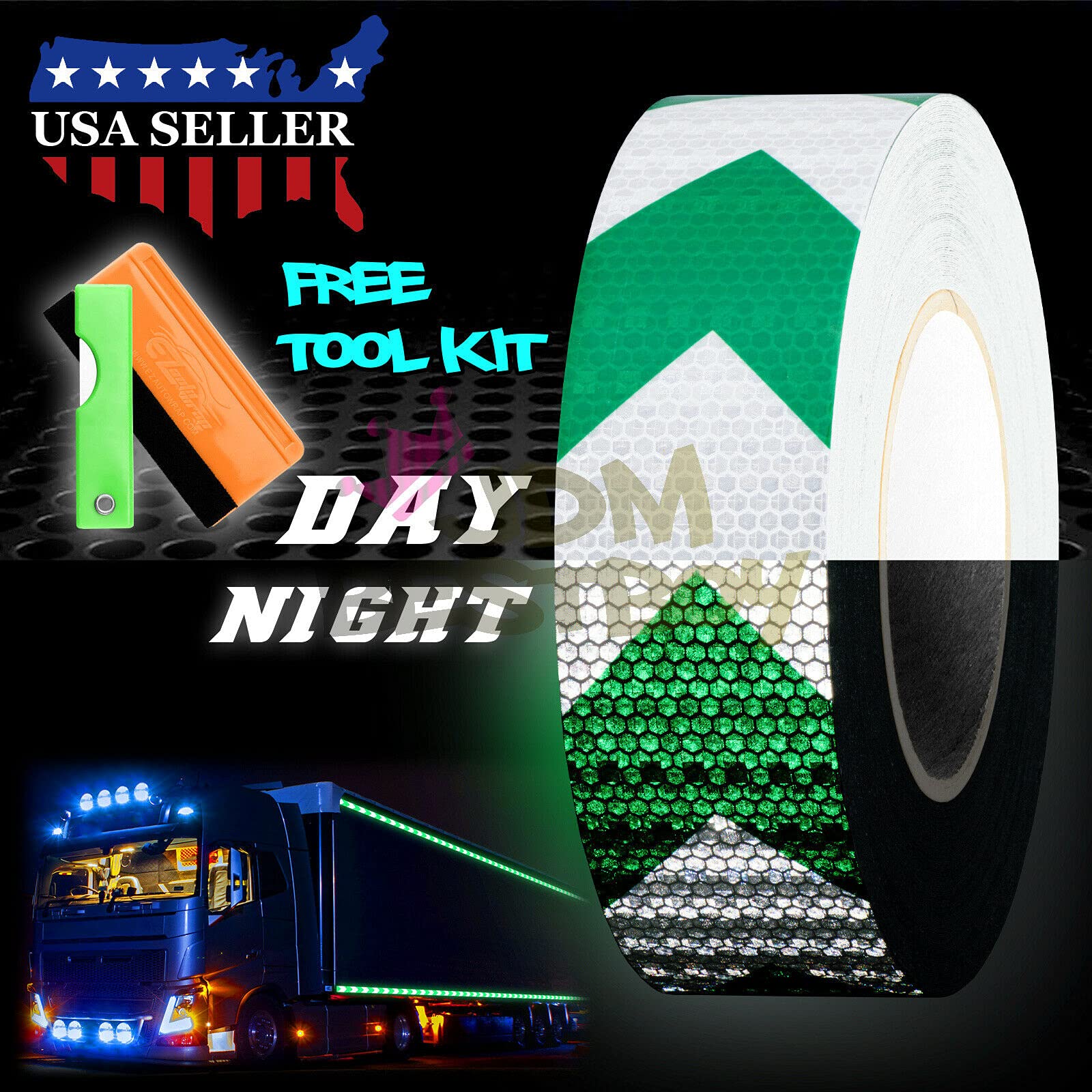 Free Tool Kit Arrow Green/White 2" Inch x120 Foot Reflective Safety Tape Warning Caution Adhesive Conspicuity Marking Decal Sticker Roll Truck RV Trailer Boat ATV Construction