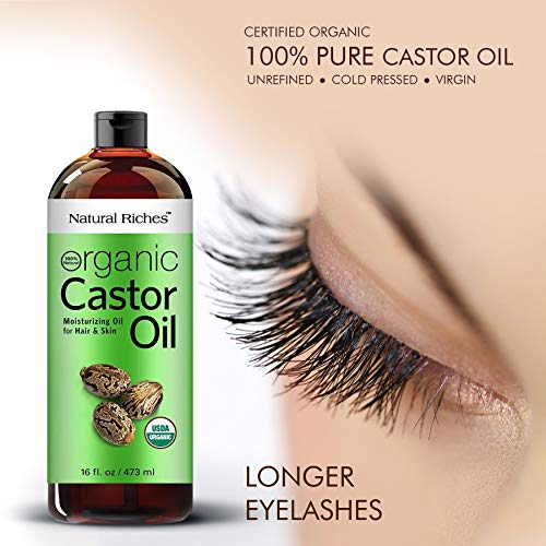 Natural Riches Organic Castor Oil Cold pressed USDA certified for Dry Skin Hair Loss Dandruff Thicker Hair - Moisturizes Skin Helps Hair growth Thicker Eyelashes Eyebrows Hexane free16 fl. oz.