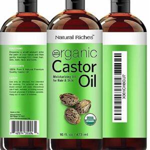 Natural Riches Organic Castor Oil Cold pressed USDA certified for Dry Skin Hair Loss Dandruff Thicker Hair - Moisturizes Skin Helps Hair growth Thicker Eyelashes Eyebrows Hexane free16 fl. oz.