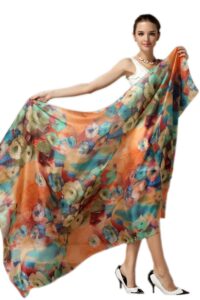 yupurstyle women fashion silk scarf oblong floral oversize soft shawl beach wrap (orange)