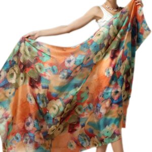 YupURStyle Women Fashion Silk Scarf Oblong Floral Oversize Soft Shawl Beach Wrap (Orange)