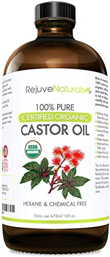 RejuveNaturals Castor Oil (16oz Glass Bottle) USDA Certified Organic, 100% Pure, Cold Pressed, Hexane Free. Boost Hair Growth for Thicker, Fuller Hair, Lashes & Eyebrows.