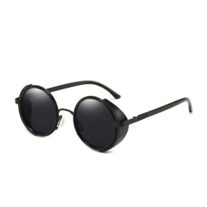 Dollger Steampunk Vintage Retro Round Sunglasses Metal Circle Frame (Black Lens+Black Frame,100% UV Protection Lens)