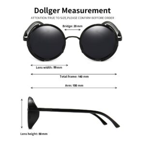 Dollger Steampunk Vintage Retro Round Sunglasses Metal Circle Frame (Black Lens+Black Frame,100% UV Protection Lens)