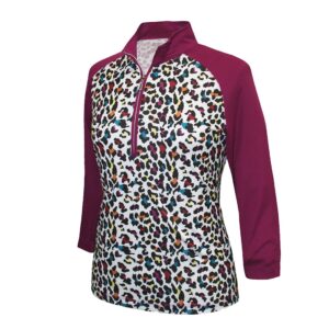 Monterey Club Women's Pro Leopard Print Block 3/4 Sleeve Zip Polo Shirt #2352 (Mulberry/White, X-Large)