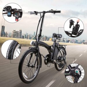 NAKTO Electric Bike Electric City Ebike for Adults 250 Assisted Electric Bicycle Sport Mountain Bicycle with 36V 10A Removable Lithium Battery ebike (BLACK, 20“ 250W EBIKE)