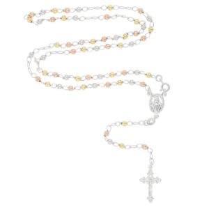 solid 925 sterling silver tricolor 5mm italian virgin mary rosary bead cross necklace | made in italy | 925 sterling silver rosary y necklace chain for women and men, 26" inches