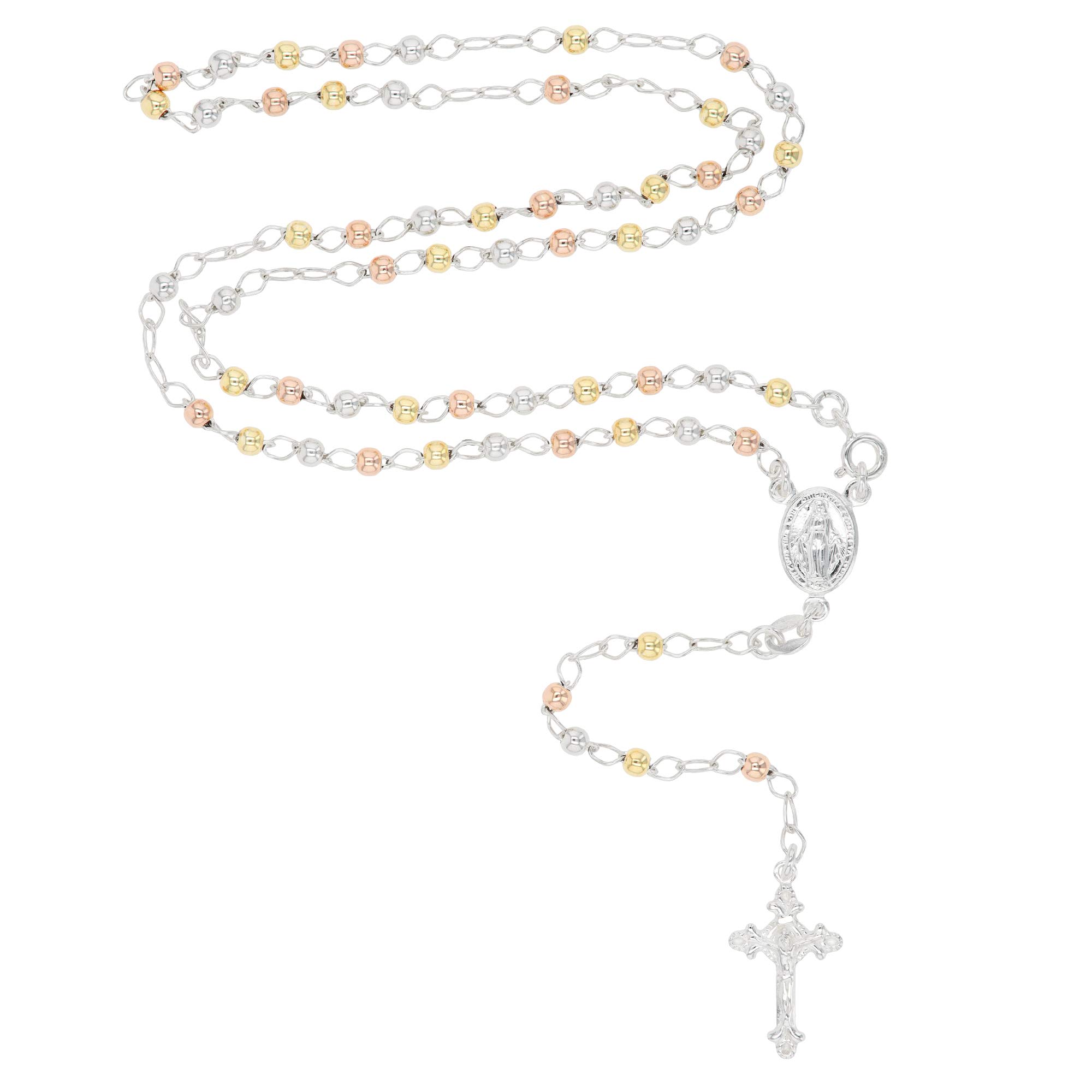 Solid 925 Sterling Silver Tricolor 5mm Italian Virgin Mary Rosary Bead Cross Necklace | Made In Italy | 925 Sterling Silver Rosary Y Necklace Chain for Women And Men, 26" Inches