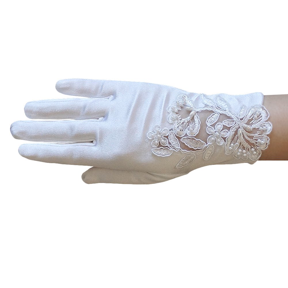 ZaZa Bridal Girl's Satin Gloves with Floral Embroidery Lace & Pearls - Girl's Size Medium (8-12yrs)/White