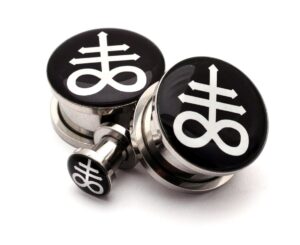 mystic metals body jewelry screw on plugs - leviathan cross style 2 picture plugs - sold as a pair (1" (25mm))