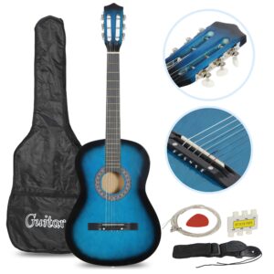 smartxchoices 38" kids acoustic guitar bundle kit for starter beginner music lovers, 6-string folk guitar with gig bag, extra set steel strings, strap, pitch pipe and pick (blue)