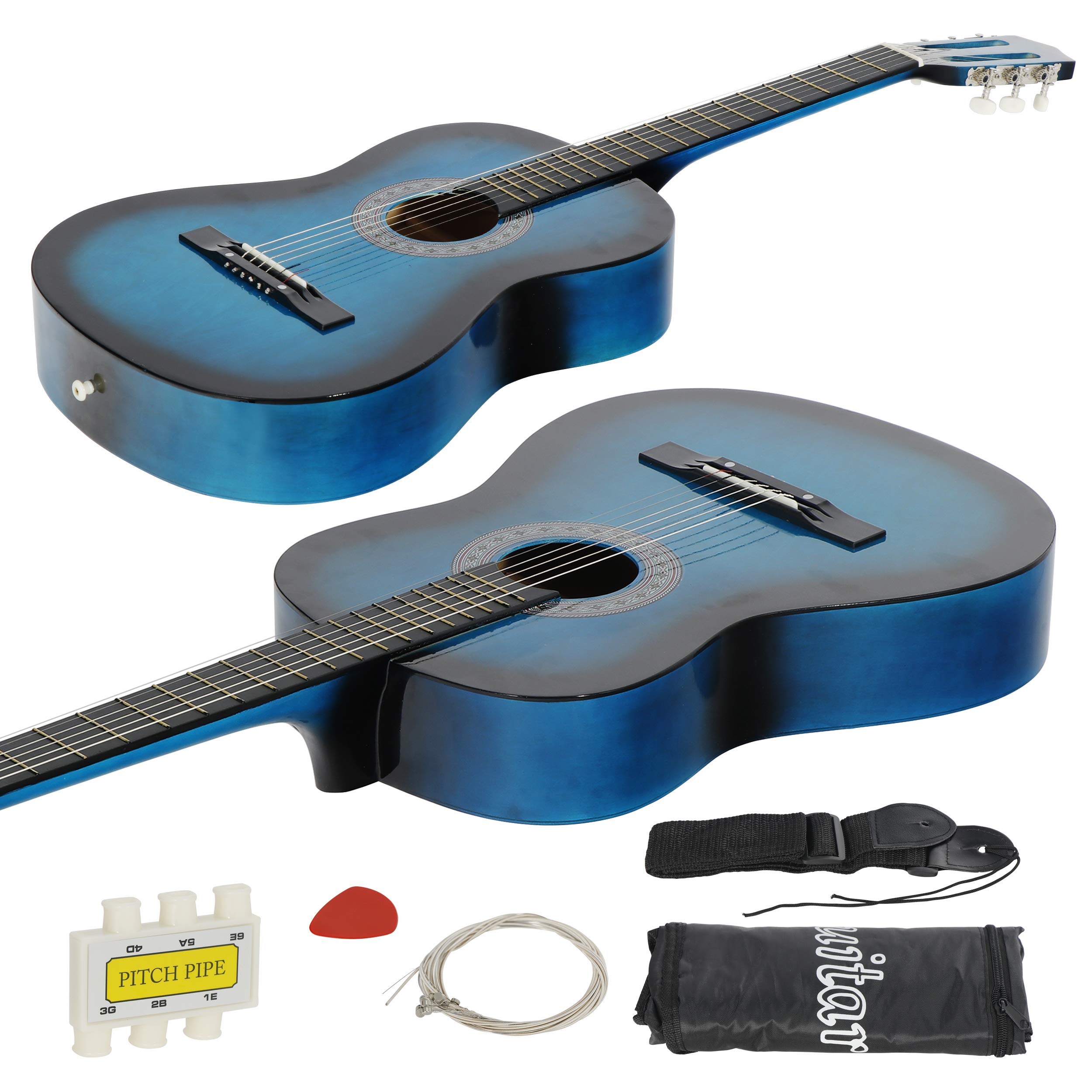 Smartxchoices 38" Kids Acoustic Guitar Bundle Kit for Starter Beginner Music Lovers, 6-String Folk Guitar with Gig Bag, Extra Set Steel Strings, Strap, Pitch Pipe and Pick (Blue)