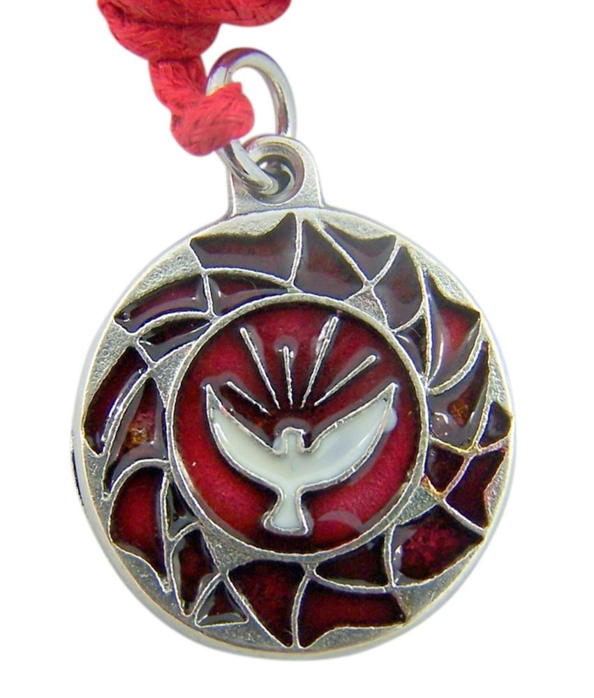 Religious Jewelry Silver Tone Red Enameled Holy Spirit Dove Confirmation Pendant on Red Cord, 3/4 Inch