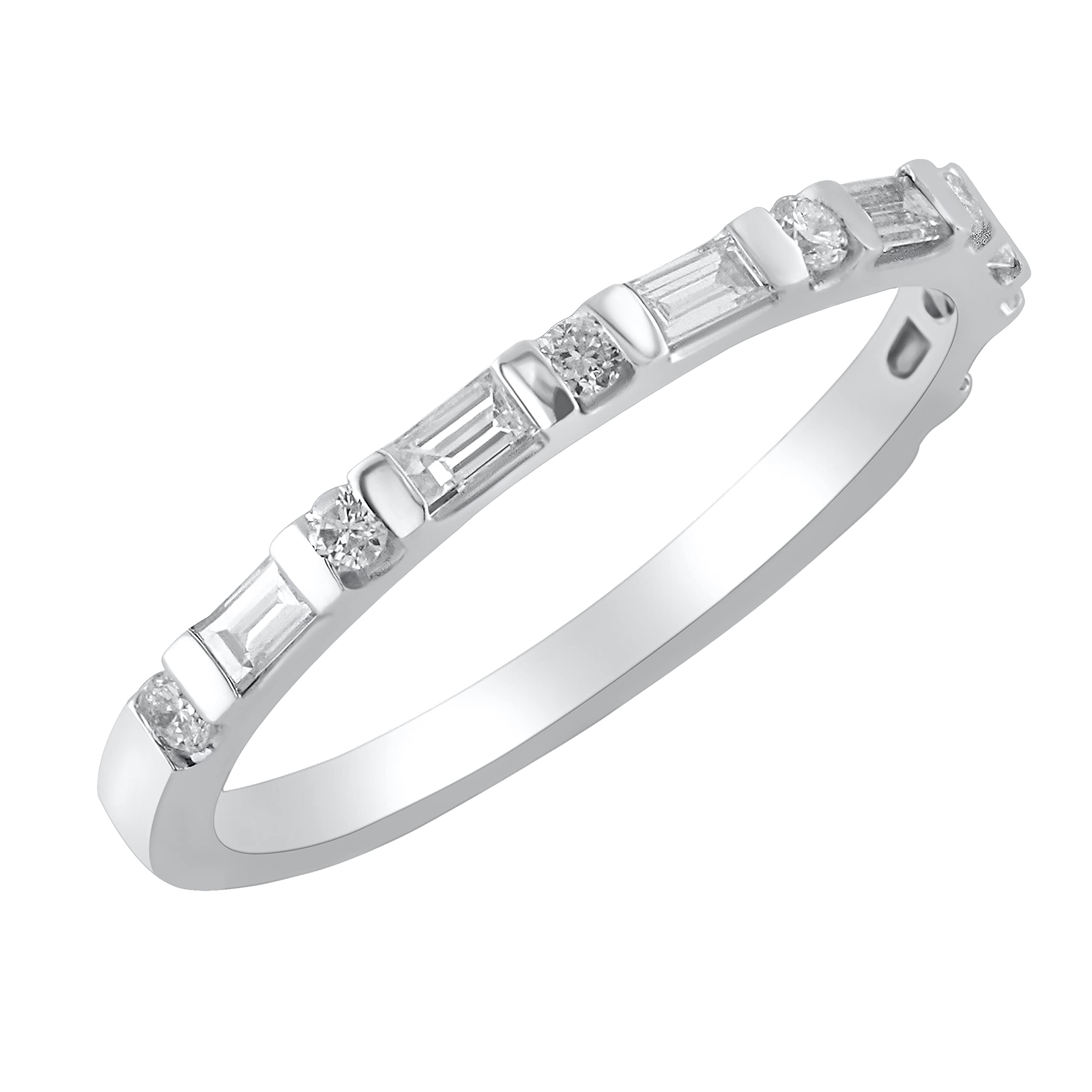 Dazzlingrock Collection 0.33 Carat (ctw) Round & Baguette White Diamond Anniversary Delicate Timeless Bar Style Matching Wedding Band for Her 1/3 CT | 14K White Gold, Size 7