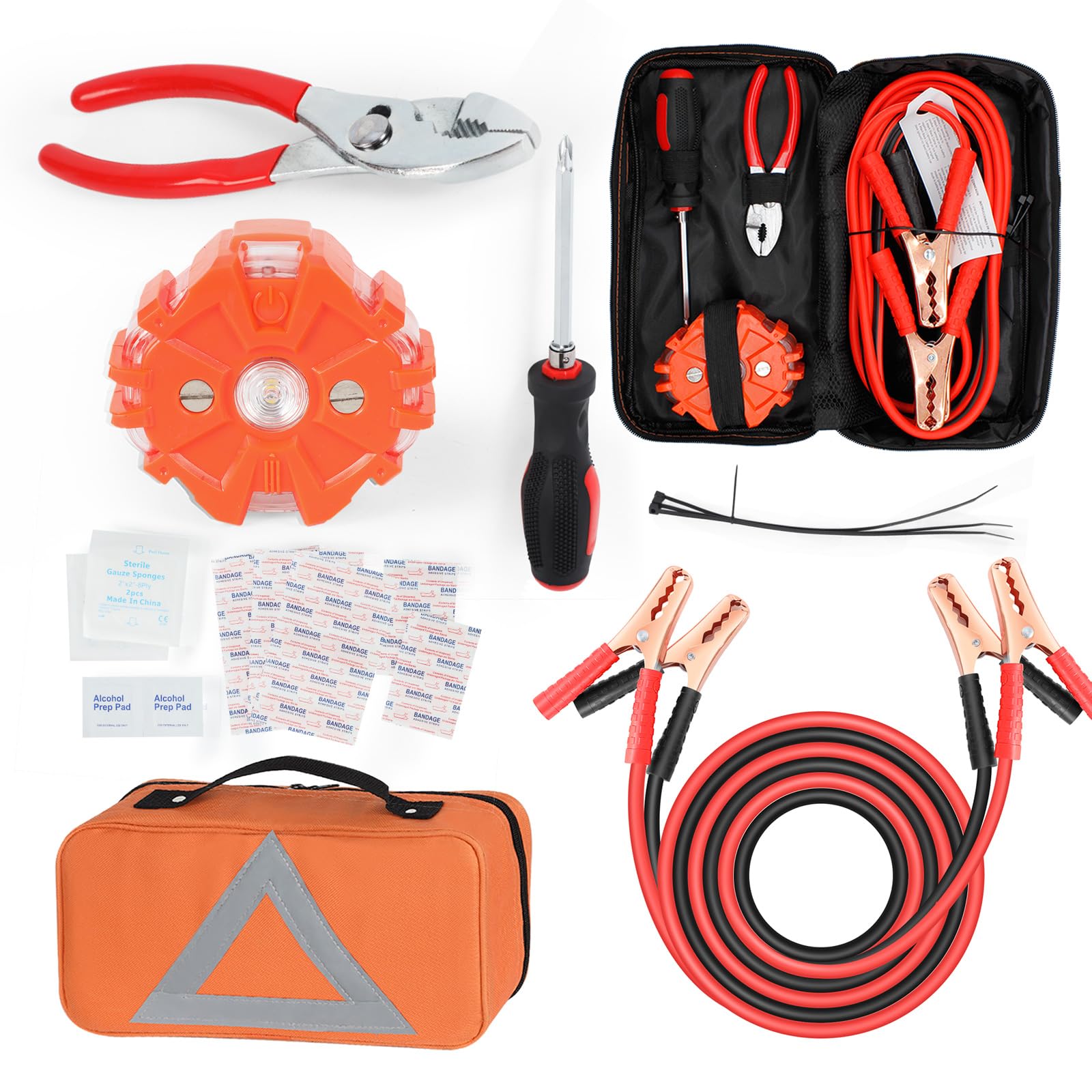 Car Safety Kit, NOONE Multifunctional Roadside Assistance Emergency Kits - First Aid Kit, Jumper Cables, LED Warning Light, Orange Strong Bag, Tools