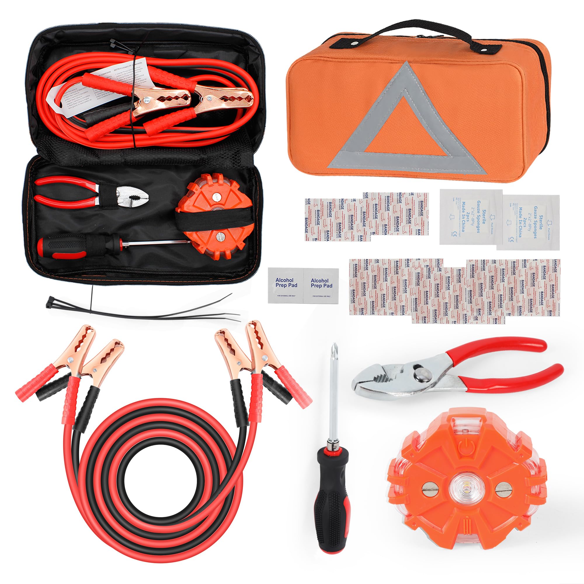 Car Safety Kit, NOONE Multifunctional Roadside Assistance Emergency Kits - First Aid Kit, Jumper Cables, LED Warning Light, Orange Strong Bag, Tools