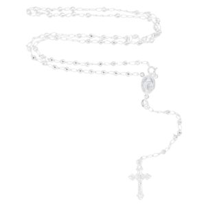 Solid 925 Sterling Silver Diamond Cut 3mm Italian Virgin Mary Rosary Bead Cross Necklace | Made In Italy | 925 Sterling Silver Rosary Y Necklace Chain for Women And Men, 18" Inches