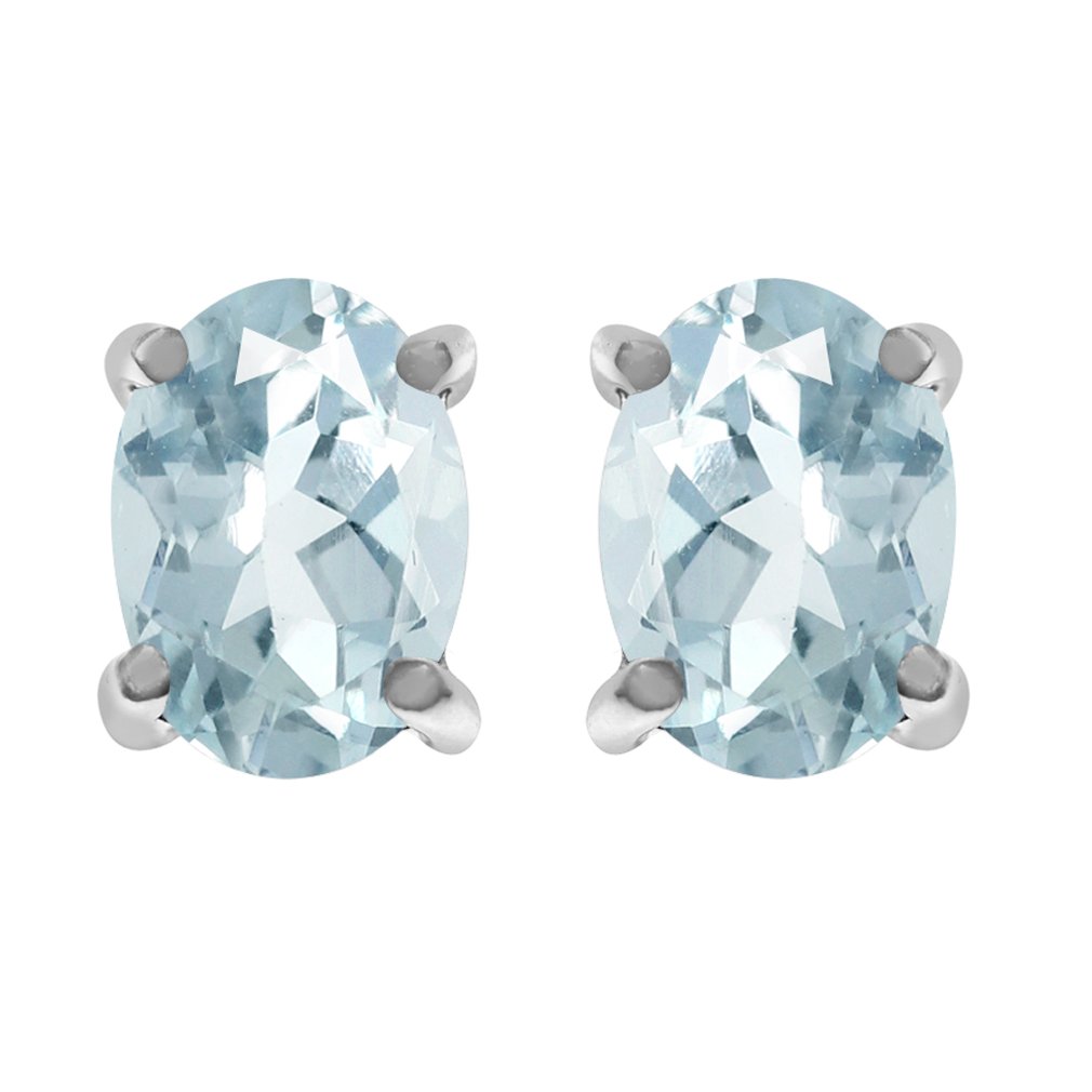 Silvershake 1.32ct. 7X5mm Genuine Oval Shape Blue Aquamarine White Gold Plated 925 Sterling Silver Stud Earrings