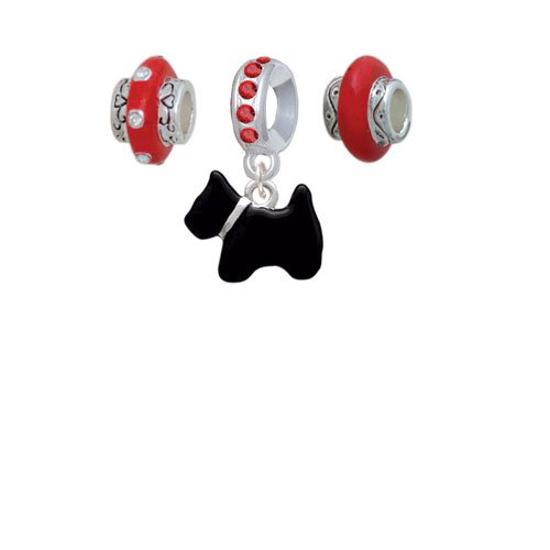 Silvertone Black Scottie Dog Red Charm Beads (Set of 3)