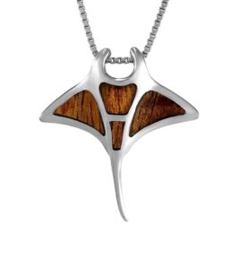 925 sterling silver hawaiian manta ray opal koa wood larimar gemstone necklace pendant with 18" box chain, nickle free hypoallergenic for sensitive skin, gift box included (koa wood)