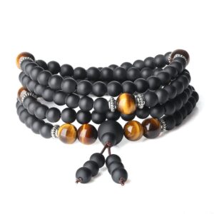 AmorWing Onyx Brown Tiger Eye 108 Mala Beads Wrap Bracelet Necklace