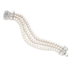 mariell genuine freshwater pearl 3-strand bridal wedding bracelet with cz safety clasp, birthday gift