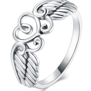 BORUO 925 Sterling Silver Ring High Polish Heart Angel Wings Ring Size 11